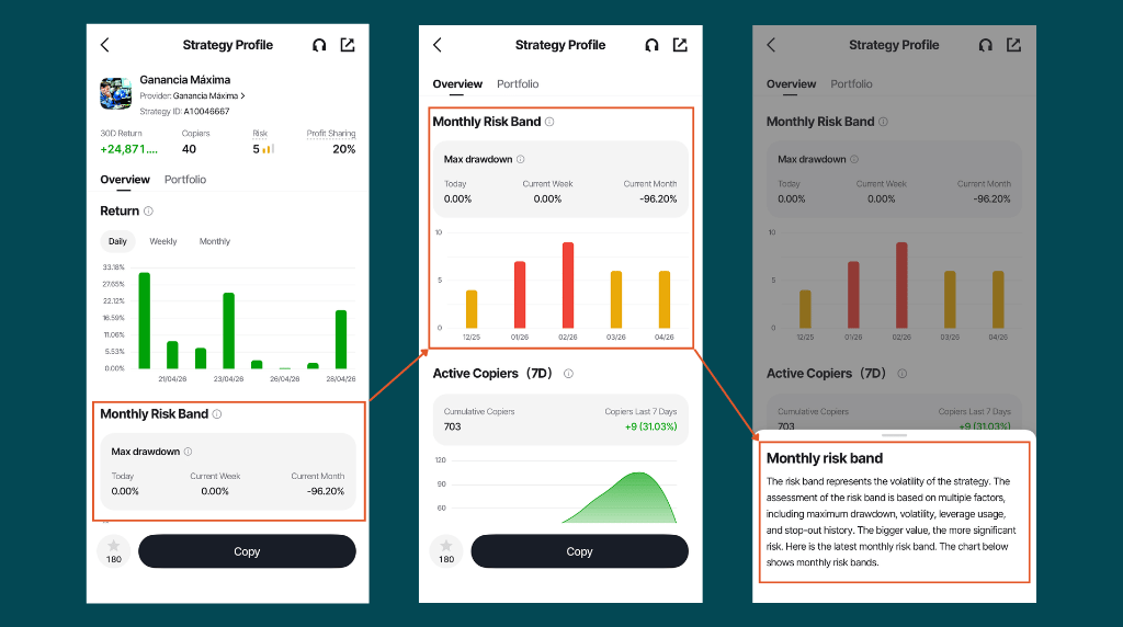 mobile screens of how to view Vantage Signal Provider monthly risk band on Vantage App