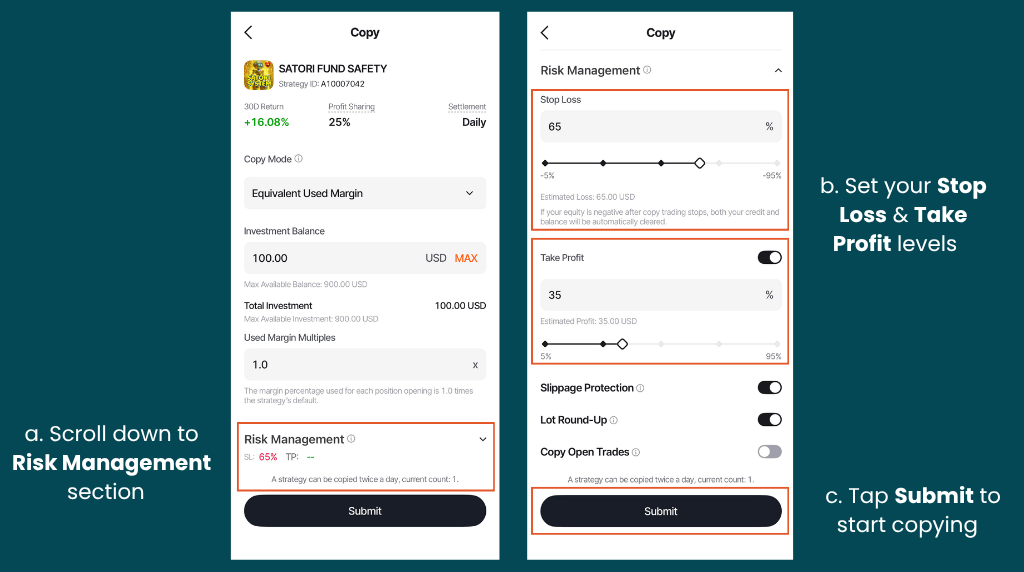 mobile screens showing step 5 of how to choose signal provider on Vantage App