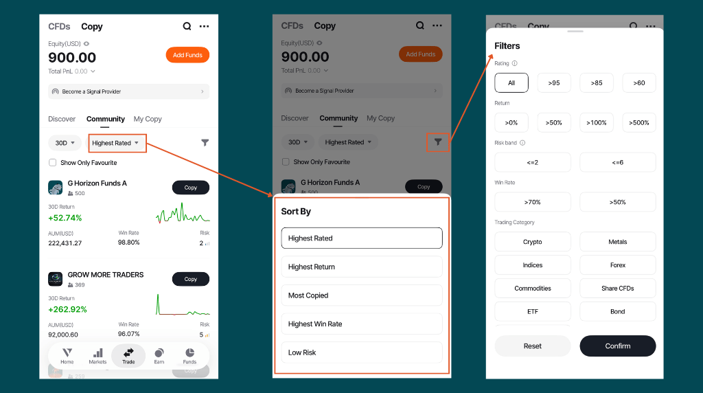 mobile screens showing step 2 of how to choose signal provider on Vantage App