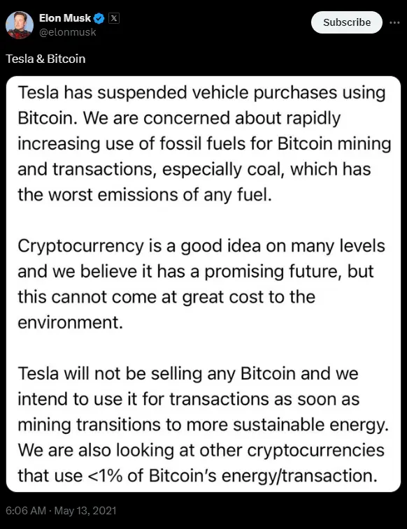 Tweet image from Elon Musk about Tesla suspending vehicle purchases with Bitcoin and environmental concerns.