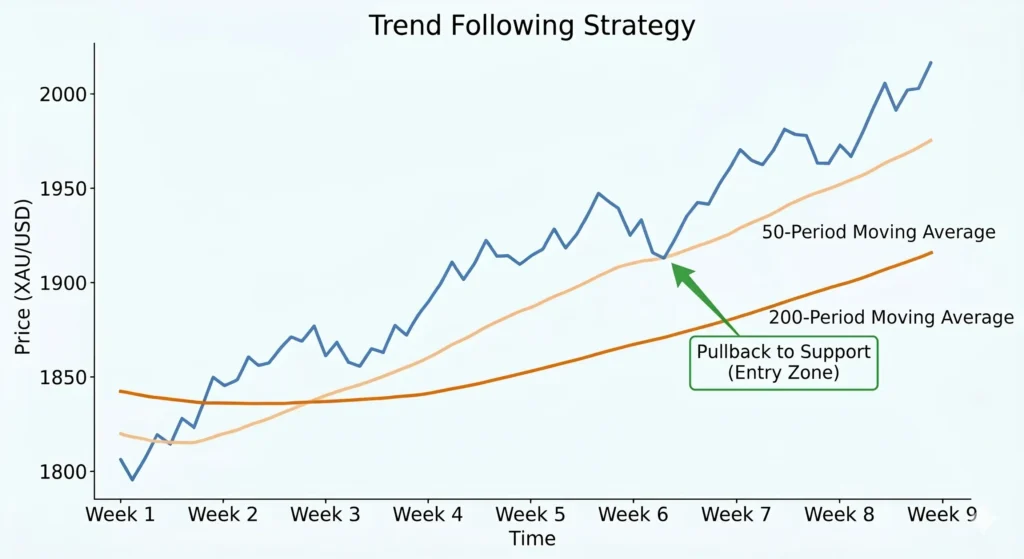 Example of trend following trading strategy for XAU/USD