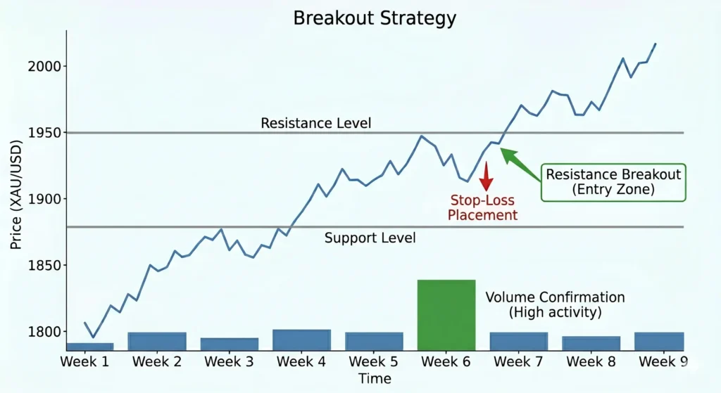 Example of breakout trading strategy for XAU/USD