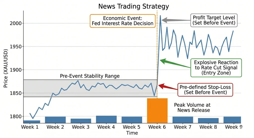Example of news trading strategy for XAU/USD