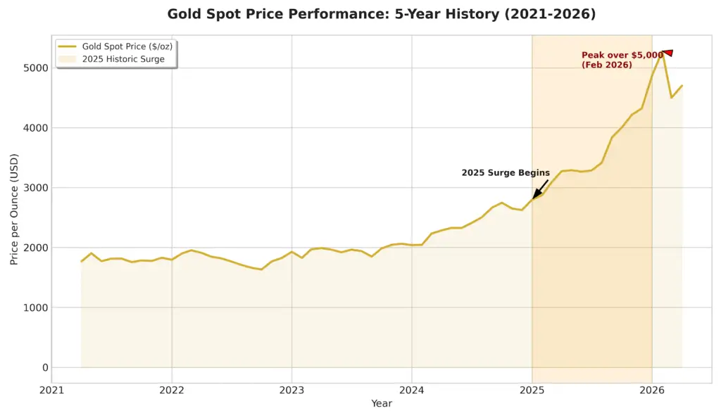 Gold Spot Price Chart - 5 Year History (2021-2026)