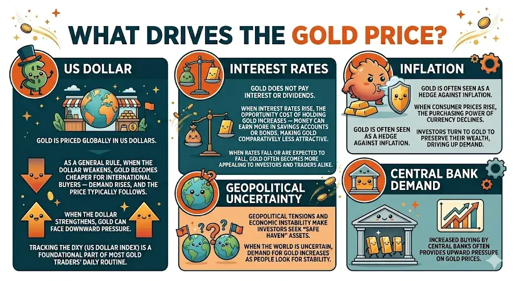What Drives the Gold Price?
1. US Dollar
2. Interest Rates
3. Geopolitical Uncertainty
4. Inflation
5. Central Bank Demand