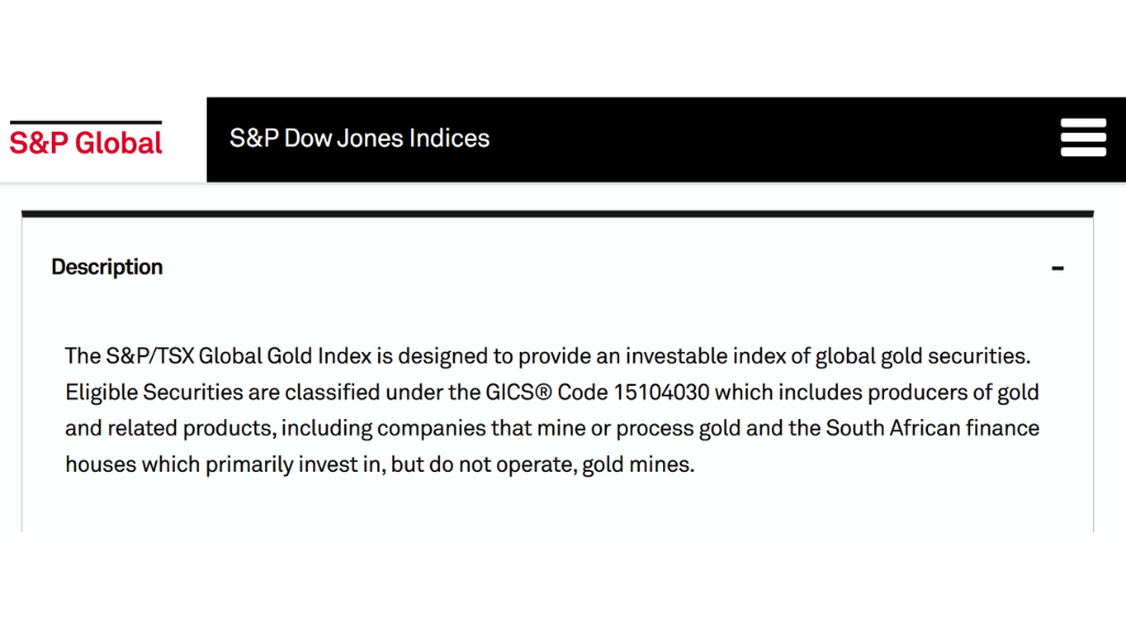 screenshot of S&P dow jones indices definition of S&PTSX global gold index Vantage Markets